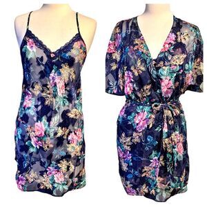 Vintage 1980s Sheer Floral Blue Pink Nightgown Robe Lingerie Set - Medium